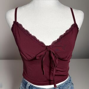 Shein Women’s Crop Top Cami Burgundy Satin Finish Lace Lined Tie Front V Neck
